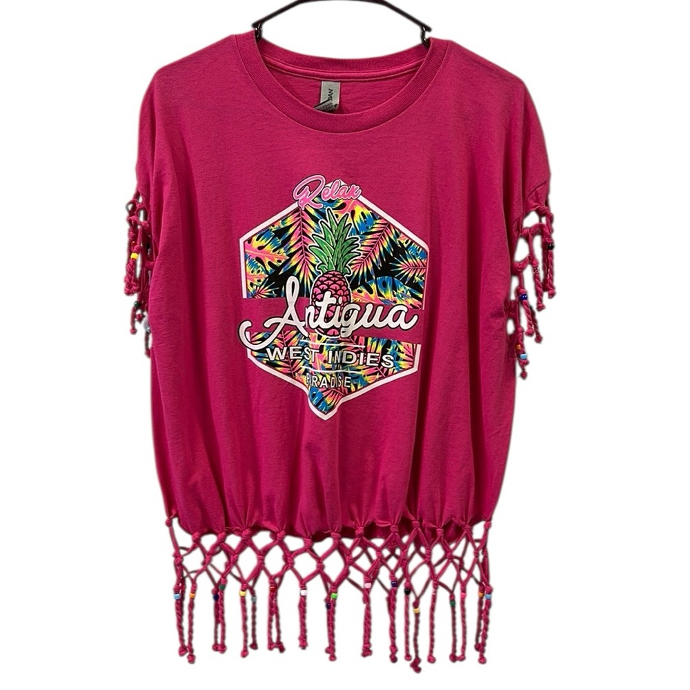 Antigua West Indies Beaded Fringed Pink Caribbean Pink Graphic Tee Womens XL - Picture 8 of 14